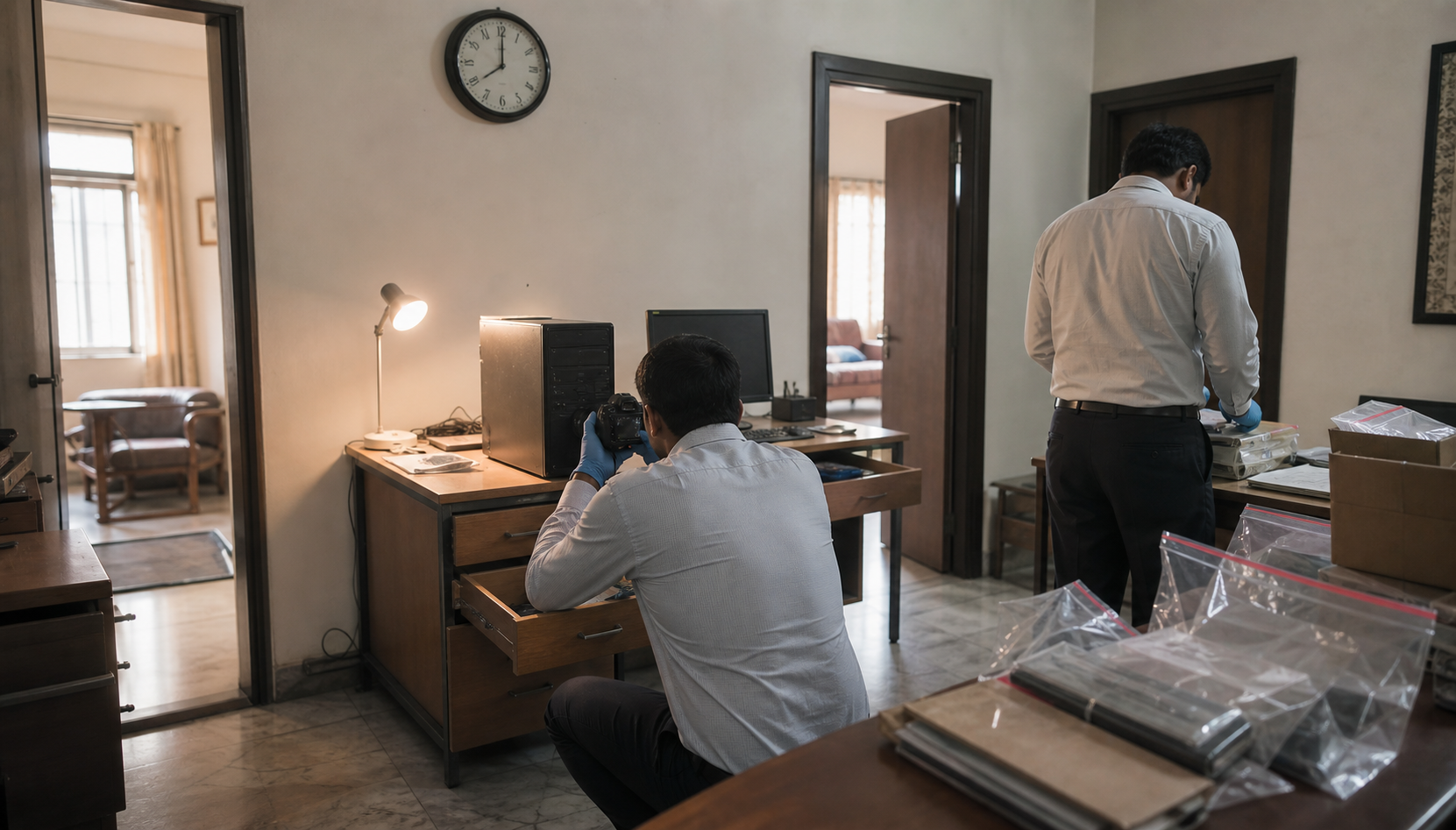 Two investigators catalogue a computer, folders and sealed evidence bags in an office after a search.