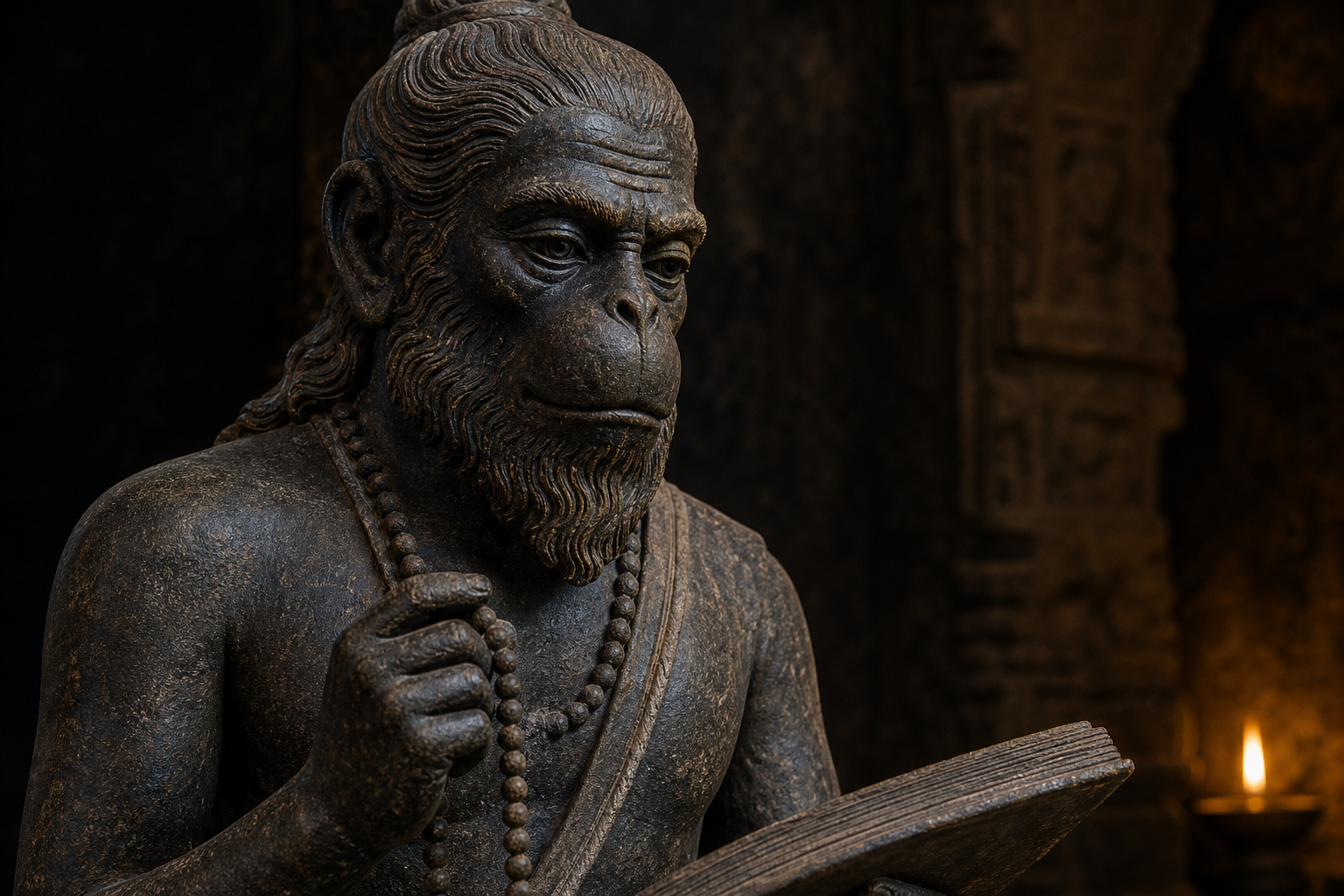 Close view of a serene simian-faced stone sage holding a rosary beside a manuscript.