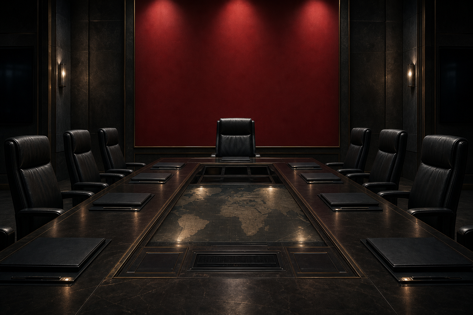 An empty chair stands at the head of a dim military command table surrounded by vacant seats and closed briefing folders.