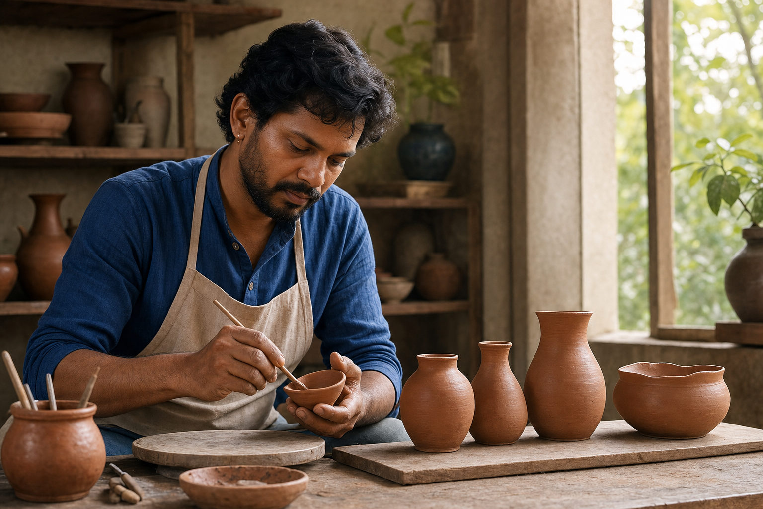 A craftsperson carefully shapes a clay lamp beside a row of finished handmade vessels with small natural variations.