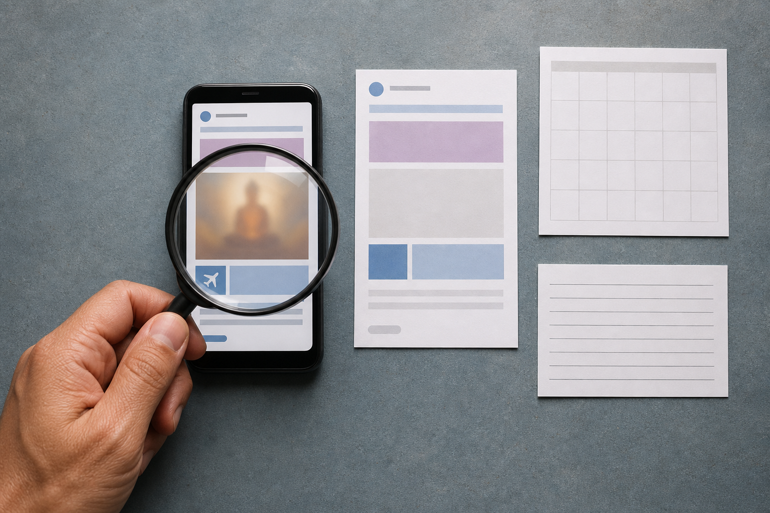 A magnifying glass is held over a smartphone beside a blank screenshot, an unlabeled calendar page, and an empty note card.