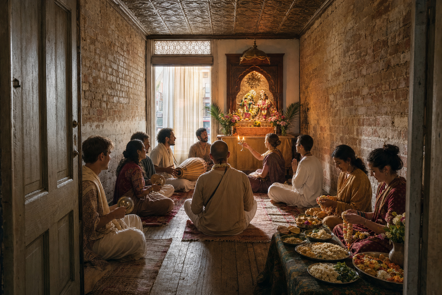 A simple storefront interior becomes a sacred gathering place as devotees sing, worship at an altar, prepare flowers and arrange vegetarian food.