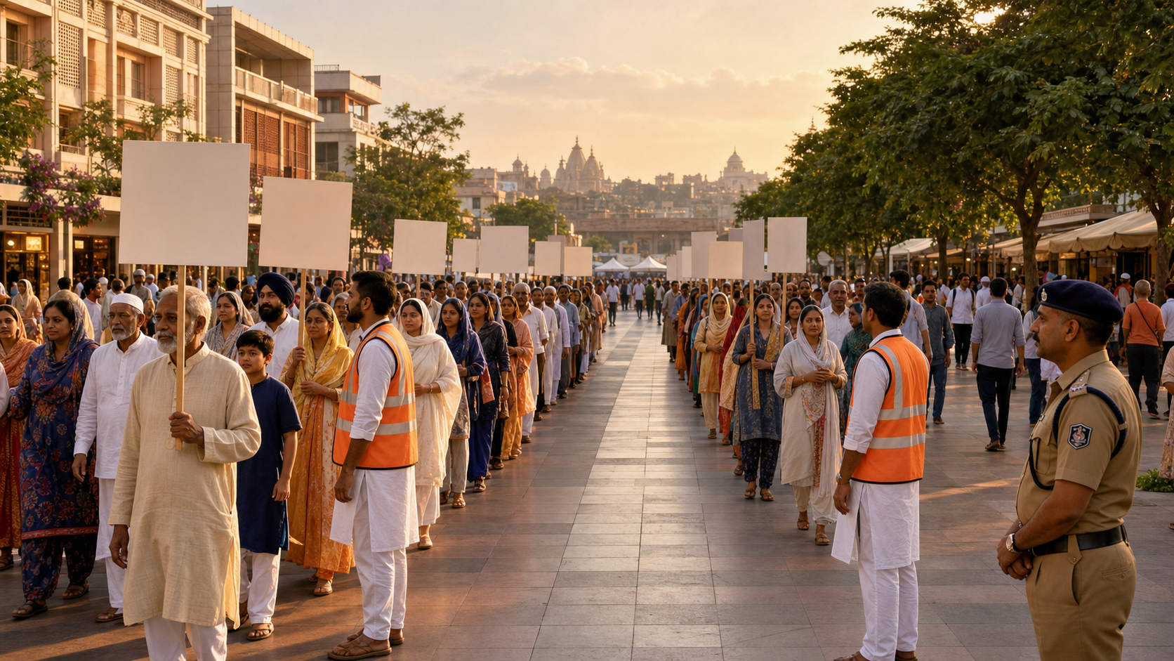 An orderly public demonstration passes through a South Asian city plaza while volunteer marshals preserve a clear pedestrian route and a police liaison observes from the side.