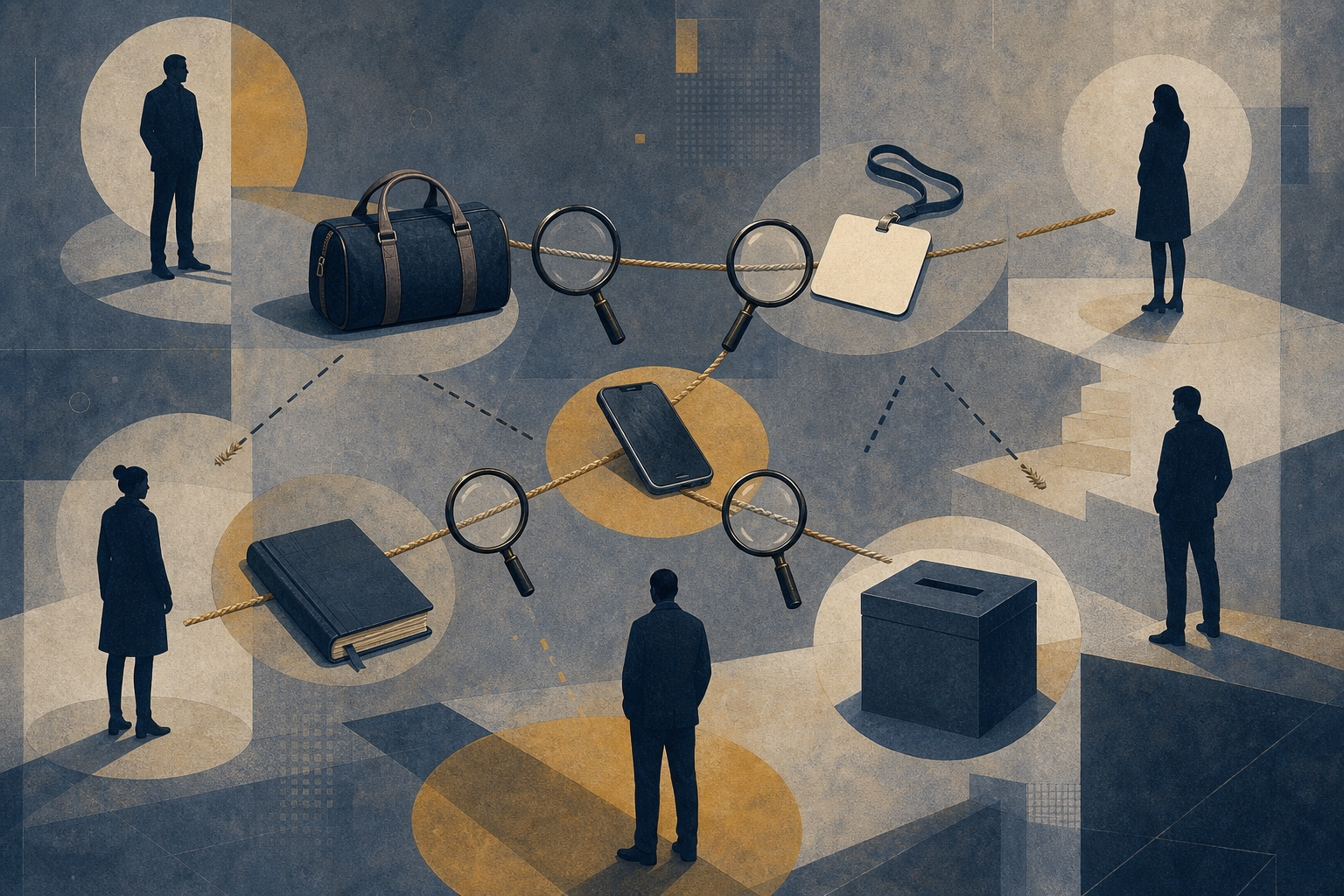 Anonymous figures and objects are connected by partly broken threads viewed through magnifying lenses, representing an alleged network under examination.