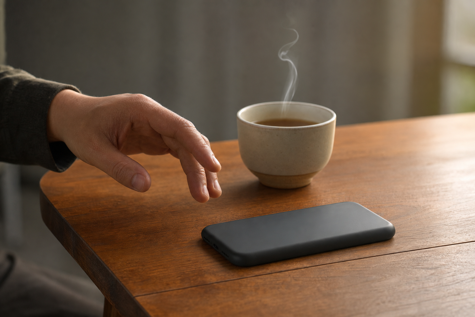 A relaxed hand pauses above a face-down smartphone as steam rises from a cup of tea between them.