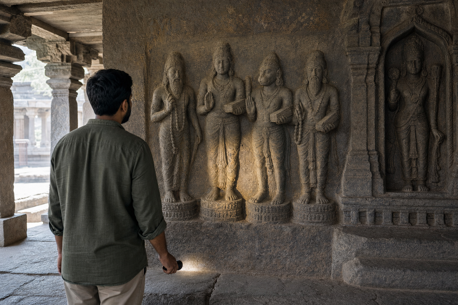 Art historian examines a four-figure temple relief, comparing the attributes and position of a simian-faced sage with neighboring figures.
