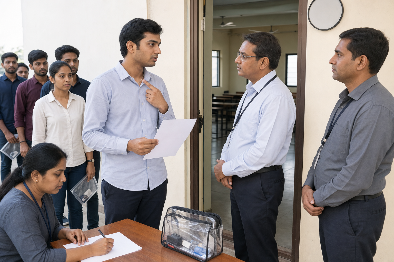 A CET candidate discusses a sacred-thread screening concern with a senior invigilator while another staff member records the incident.