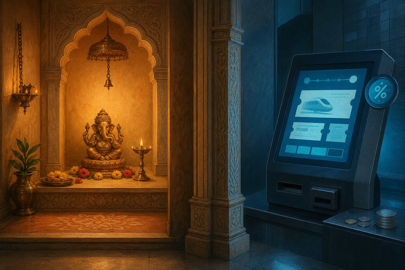 A warm puja alcove with a Ganesha murti is separated by a doorway from a cool-lit generic travel checkout kiosk.
