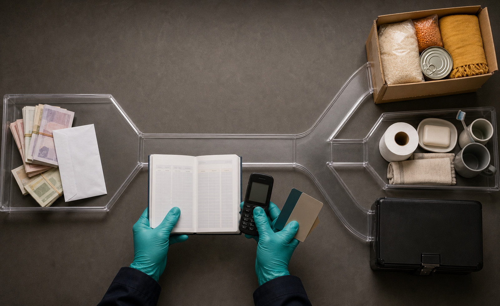 Gloved hands examine cash, an obscured ledger, a phone and branching evidence paths toward several possible destinations.