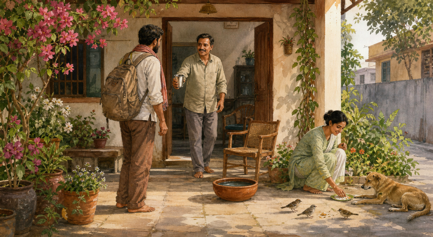 A household courtyard where a guest is offered water and a seat while birds and a dog approach food and water near the garden.