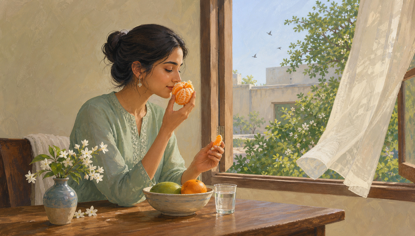 A woman at an open window smells a freshly peeled orange beside a small bowl of fruit, water, and jasmine flowers.