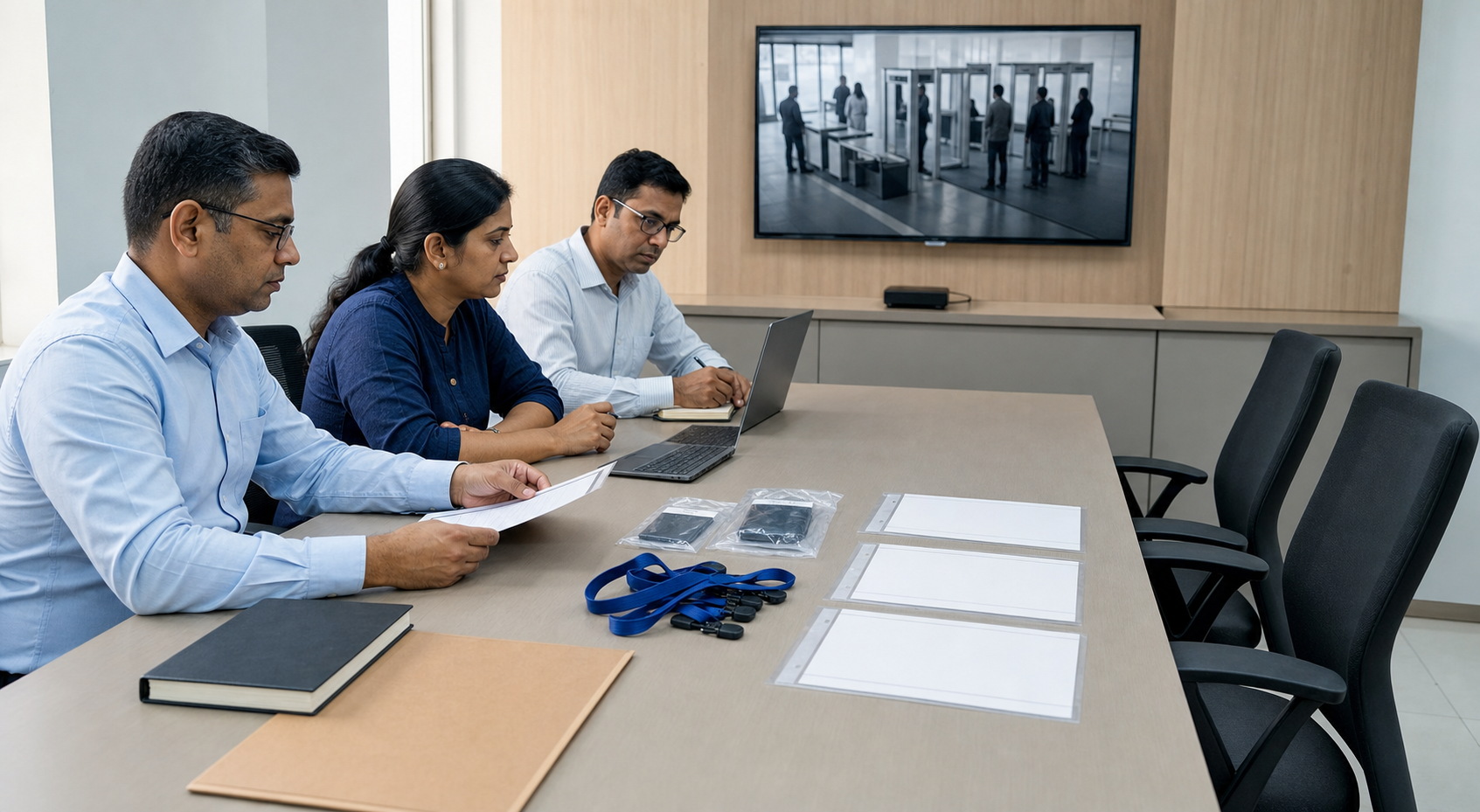 Three reviewers examine security footage, an incident register, digital media, and staff materials during an inquiry.