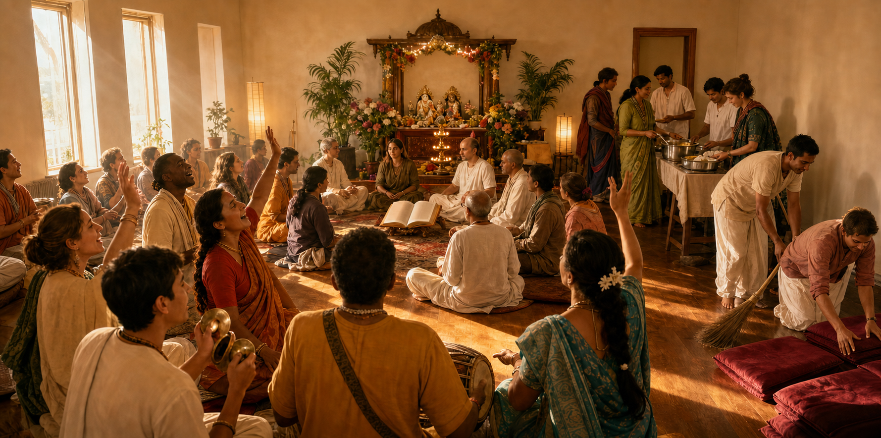 Devotees chant, listen to scripture, offer worship, serve prasadam and clean a compact storefront temple during an anniversary observance.