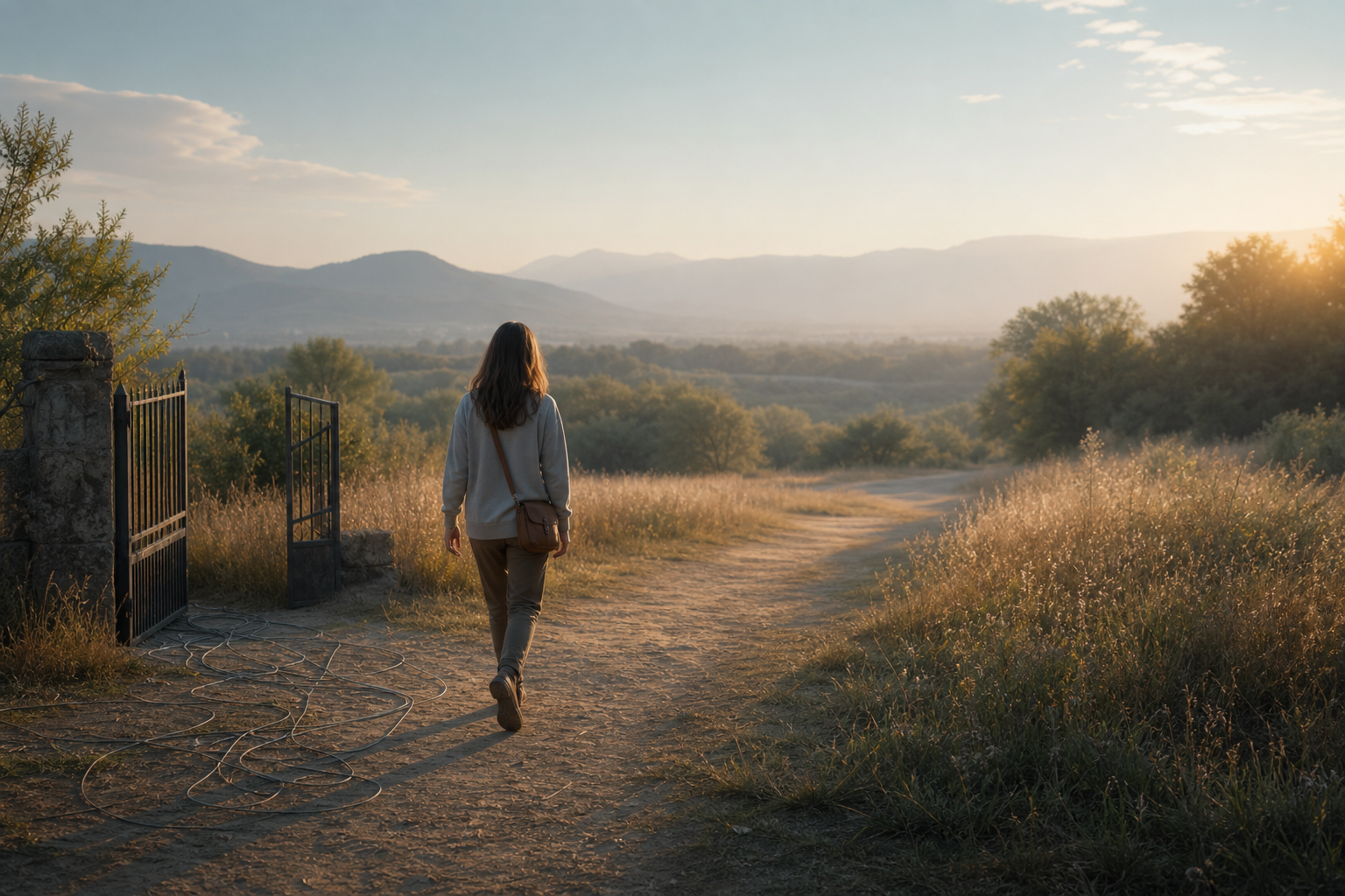 A relaxed person walks through an open gate onto a broad dawn path while loose threads remain on the ground behind them.