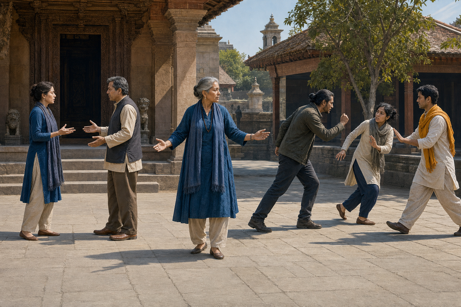 A community organizer observes a heated but peaceful disagreement on one side of a temple courtyard and a threatening confrontation on the other.