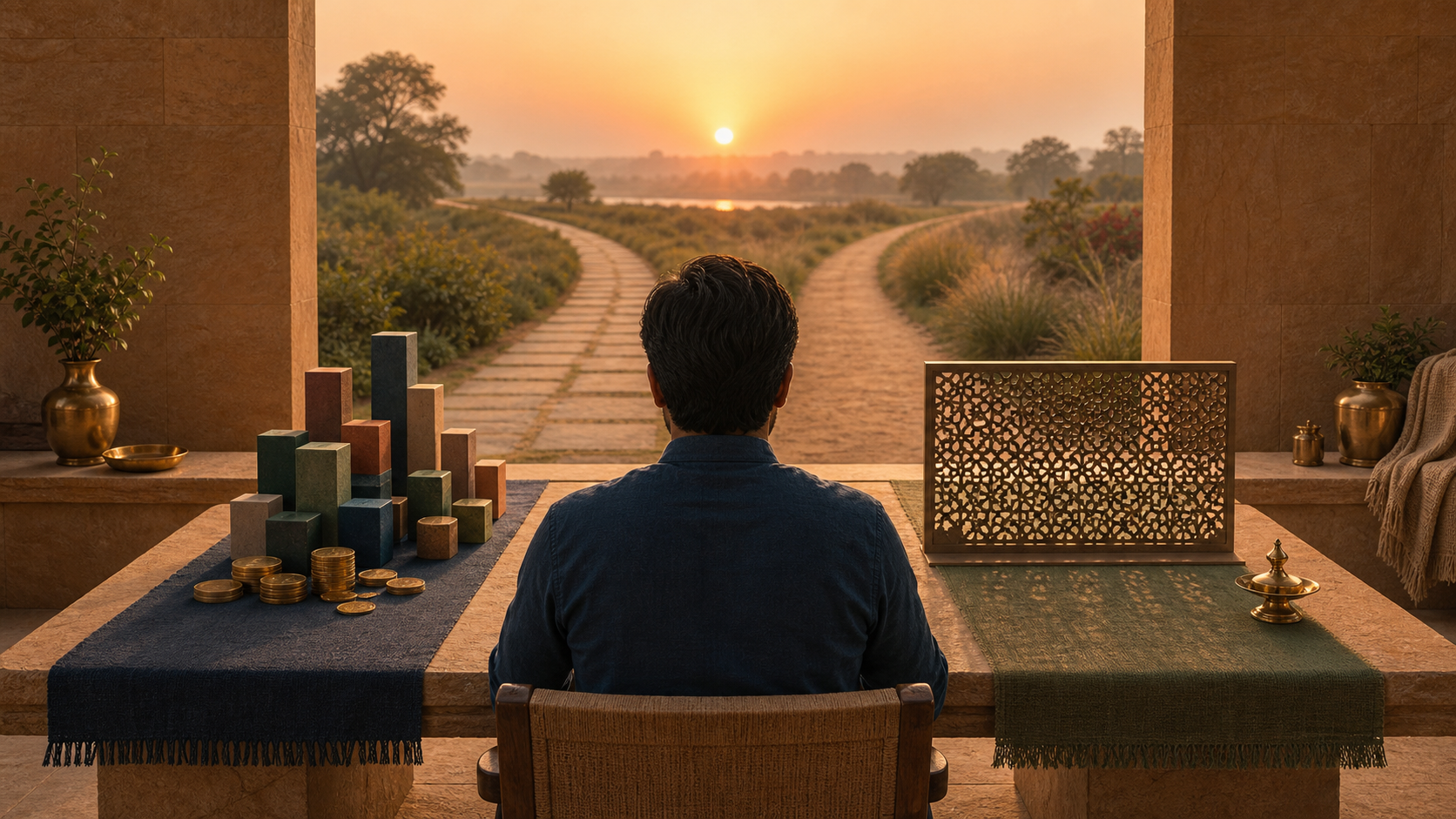 An investor sits at a decision table between a basket of abstract investments and an ethical screening lattice as two paths meet at sunrise.