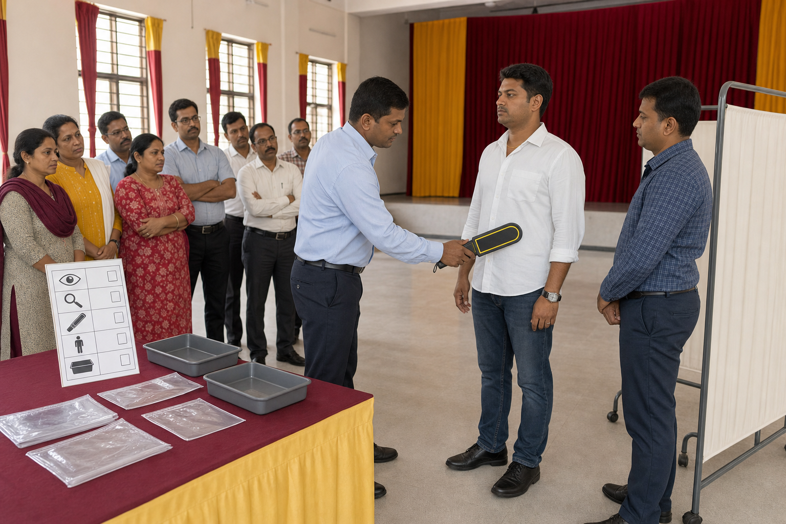 Examination staff watch a trainer demonstrate respectful over-clothing screening with a handheld detector and a nearby privacy partition.