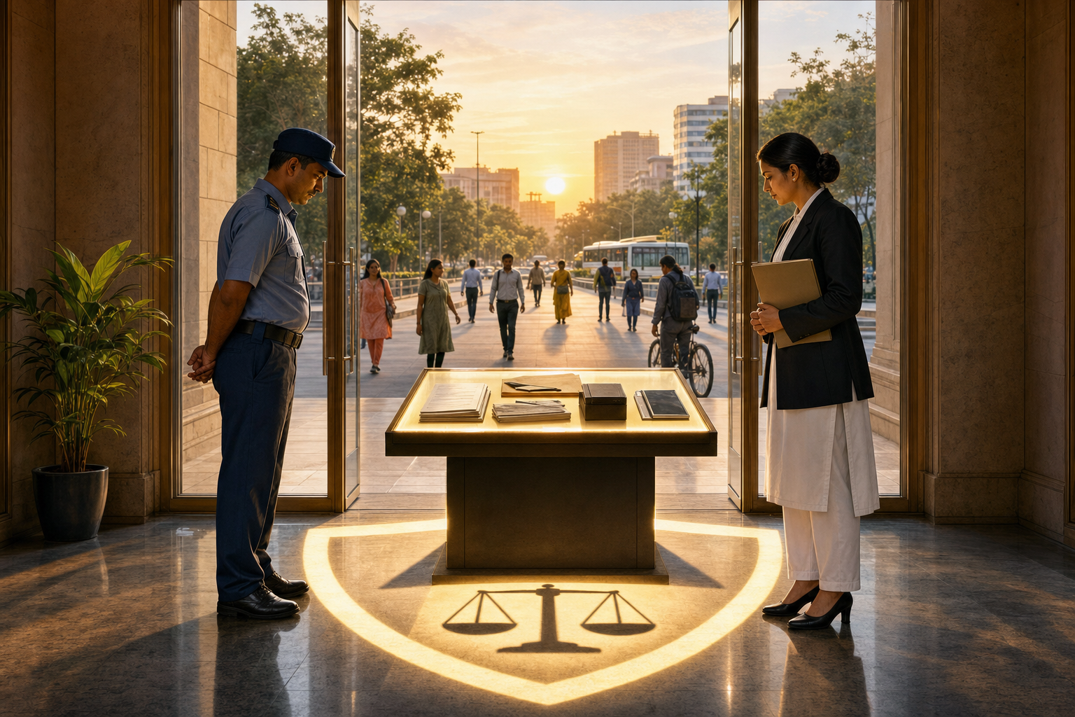 A security officer and a legal professional stand beside an evidence table and courthouse entrance as pedestrians move along a city street.