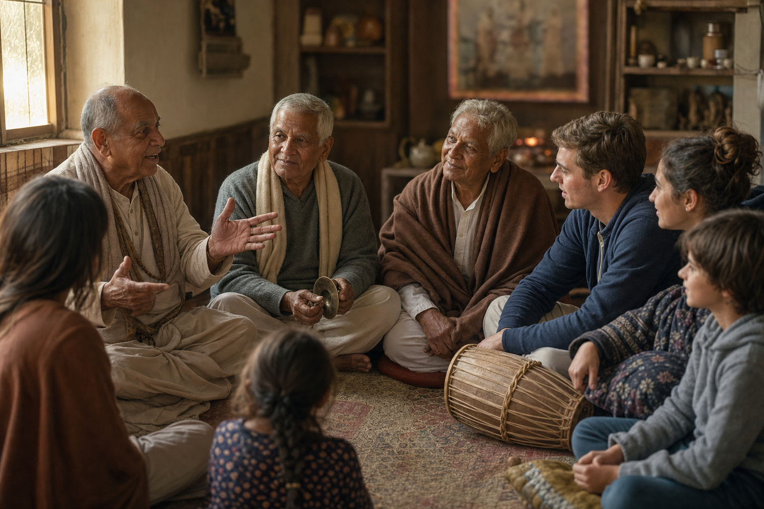 Fictional elderly founding-era devotees share memories with younger adults and children seated in a circle beside kirtan instruments.