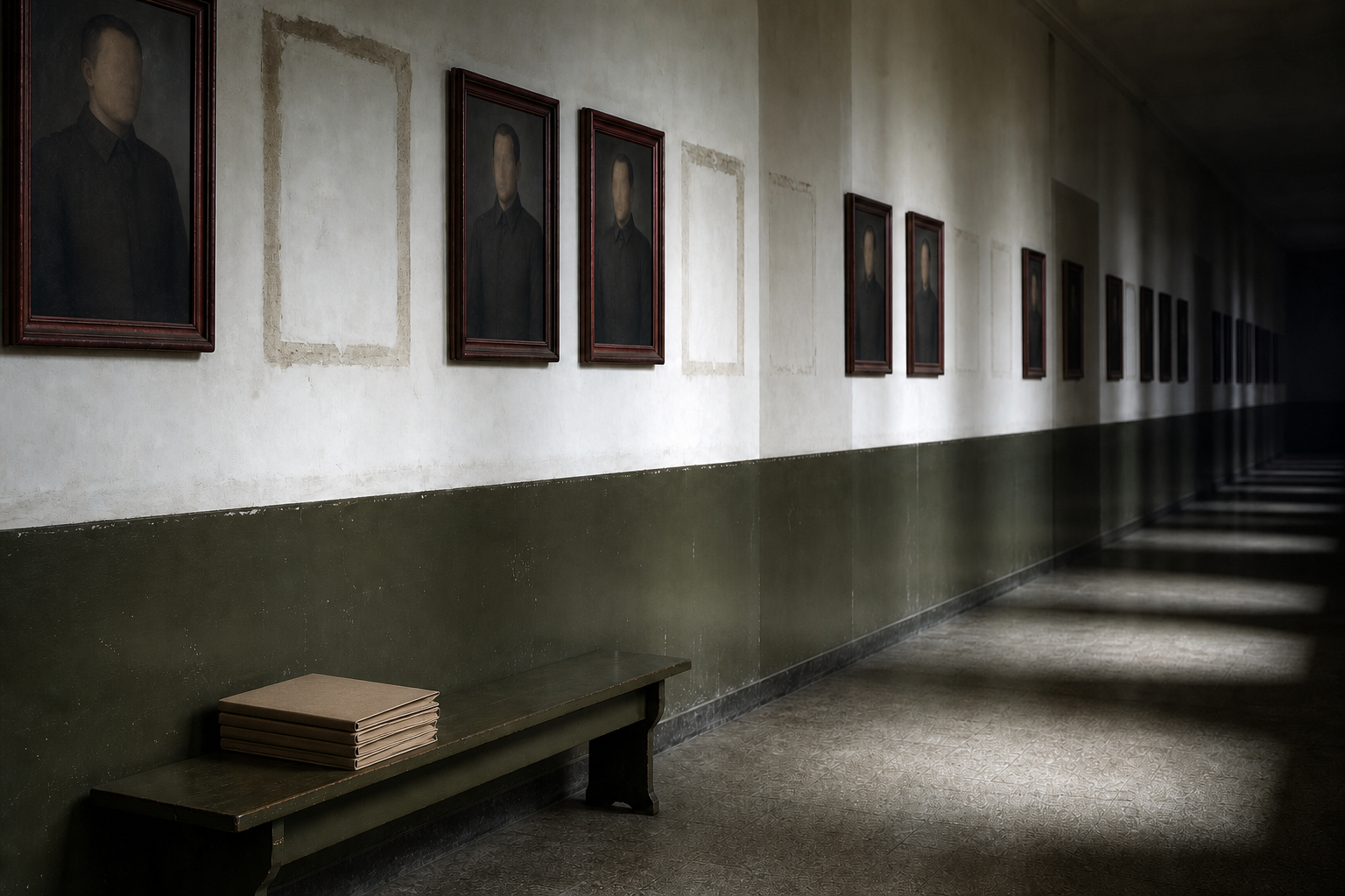A military corridor has numerous empty spaces where officer portraits have been removed, with blank case folders resting on a bench.