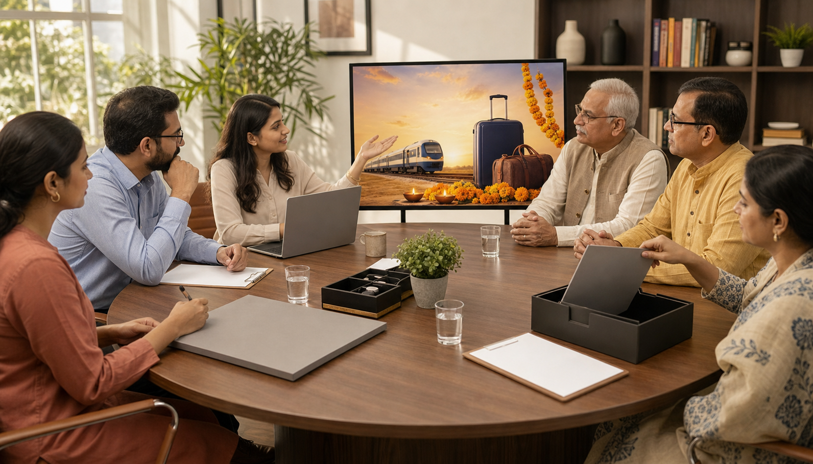 Company representatives and Hindu community advisers review a neutral festive travel design while an earlier campaign board is archived face down.