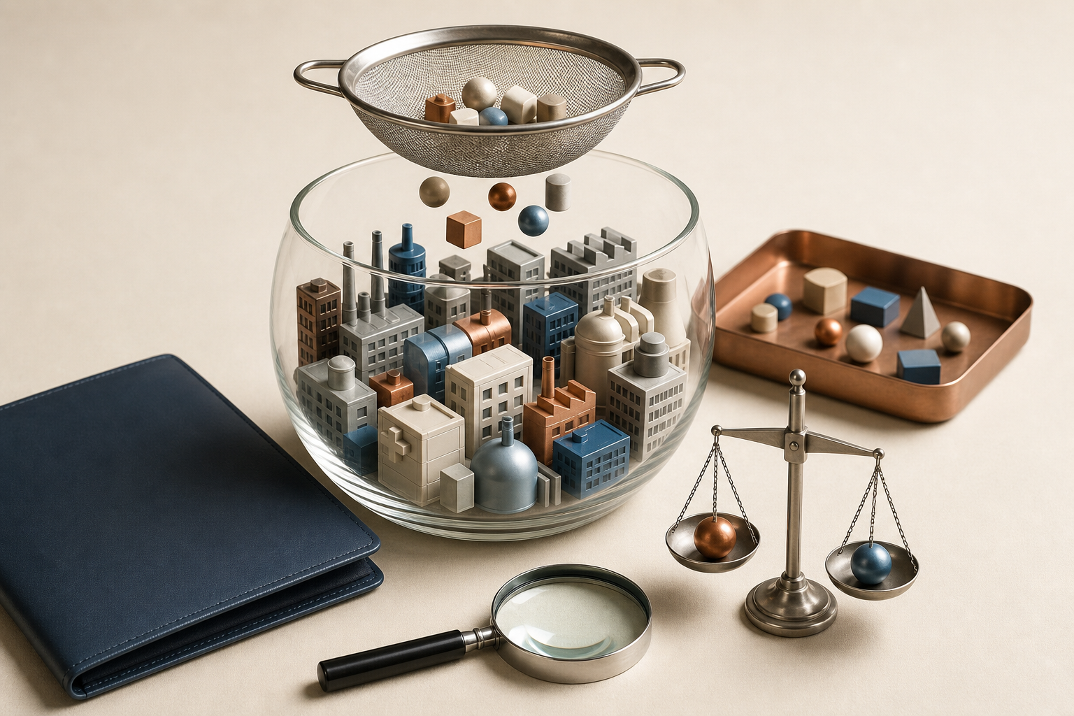 Unlabeled business miniatures and investment tokens pass through a metal sieve into a pooled glass vessel beside compliance and risk-checking objects.