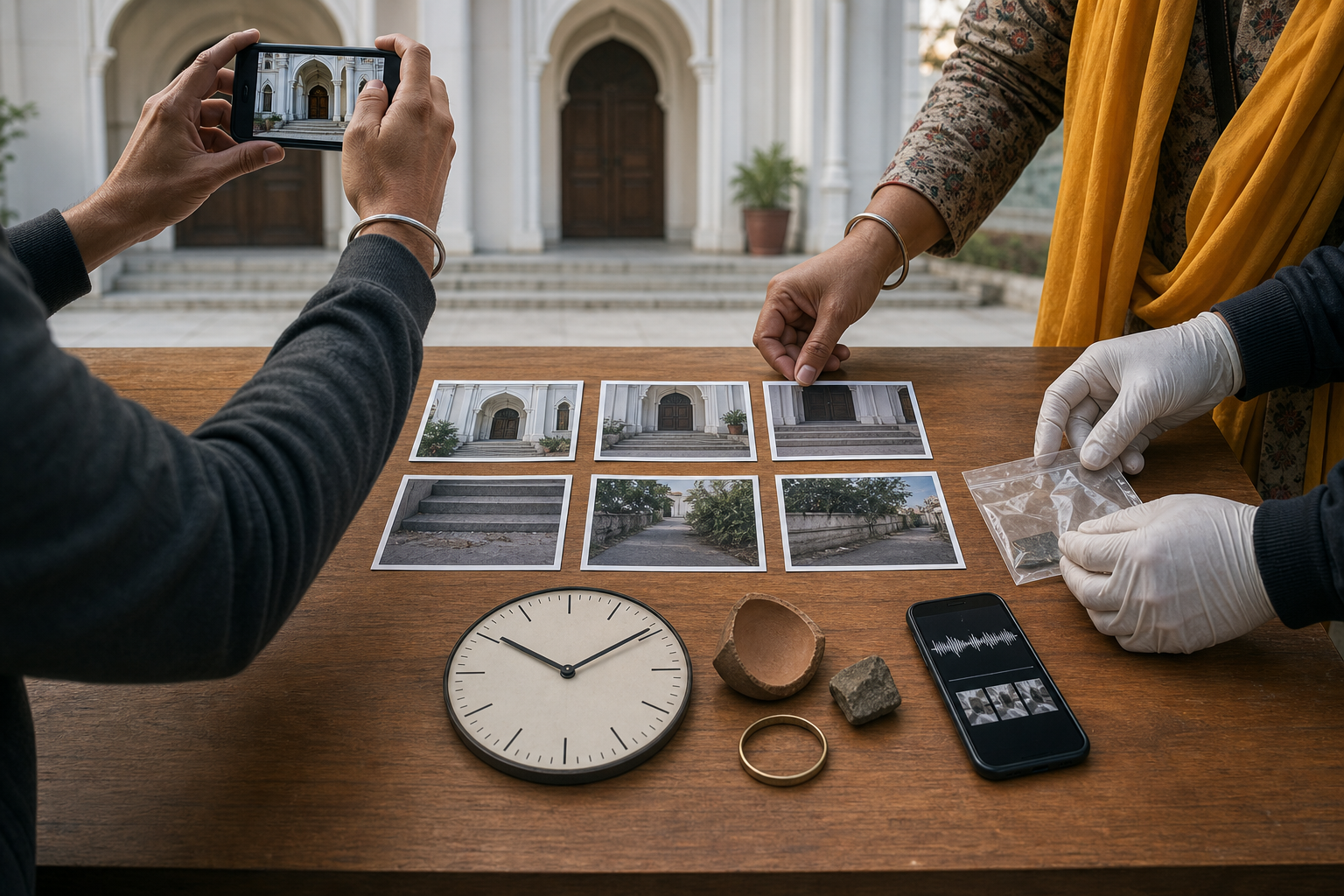 Hands organize unlabeled photographs and a sealed evidence sleeve while a smartphone records the entrance of a religious site.