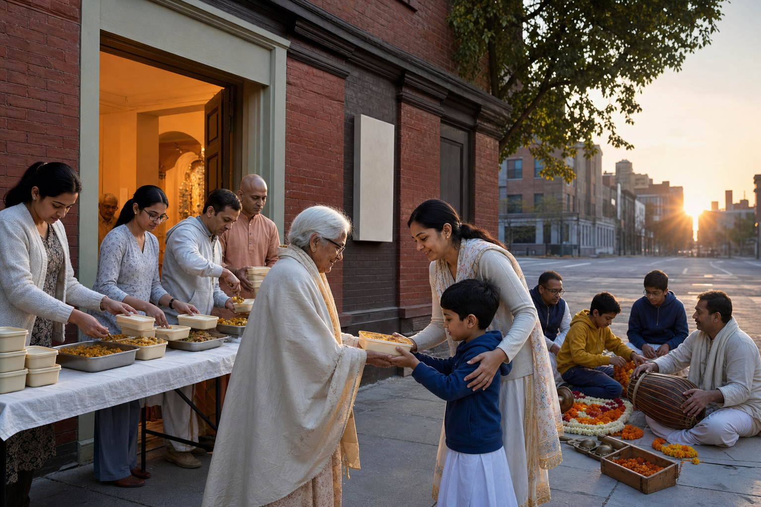 Adults, teenagers and a child prepare vegetarian meals, flower garlands and kirtan instruments for community service outside a brick storefront temple.