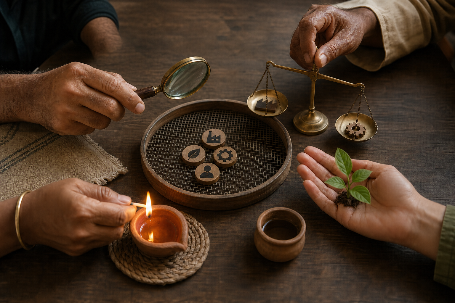 Four hands examine abstract investment tokens passing through a lattice using a magnifying glass, balance, clay lamp and protected seedling.