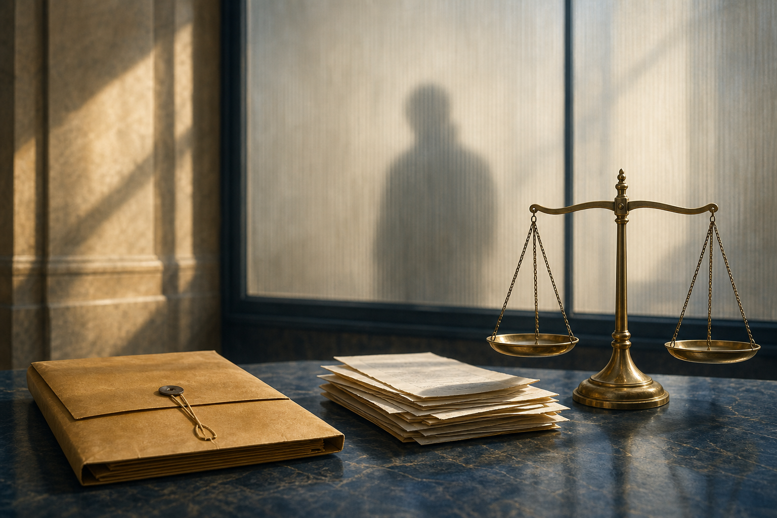 An anonymous silhouette stands behind a translucent courthouse partition while an evidence folder, case papers, and a level balance scale sit in the foreground.