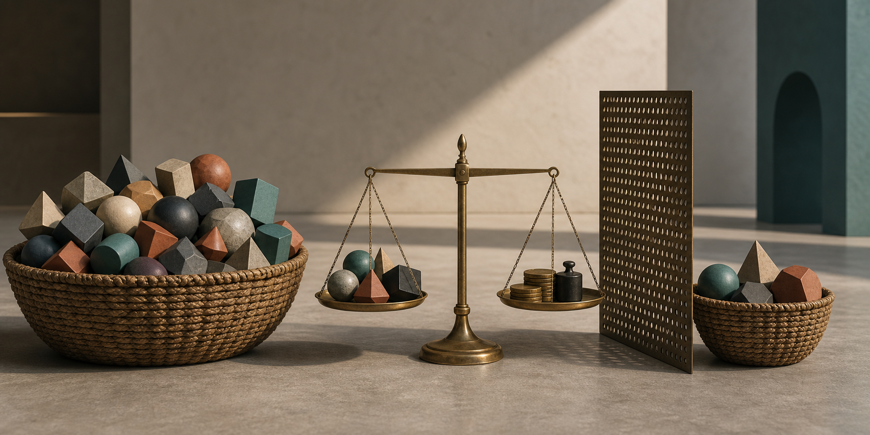 A broad basket of varied assets and a narrower screened basket sit beside a balance holding diversification pieces, coins and a risk weight.