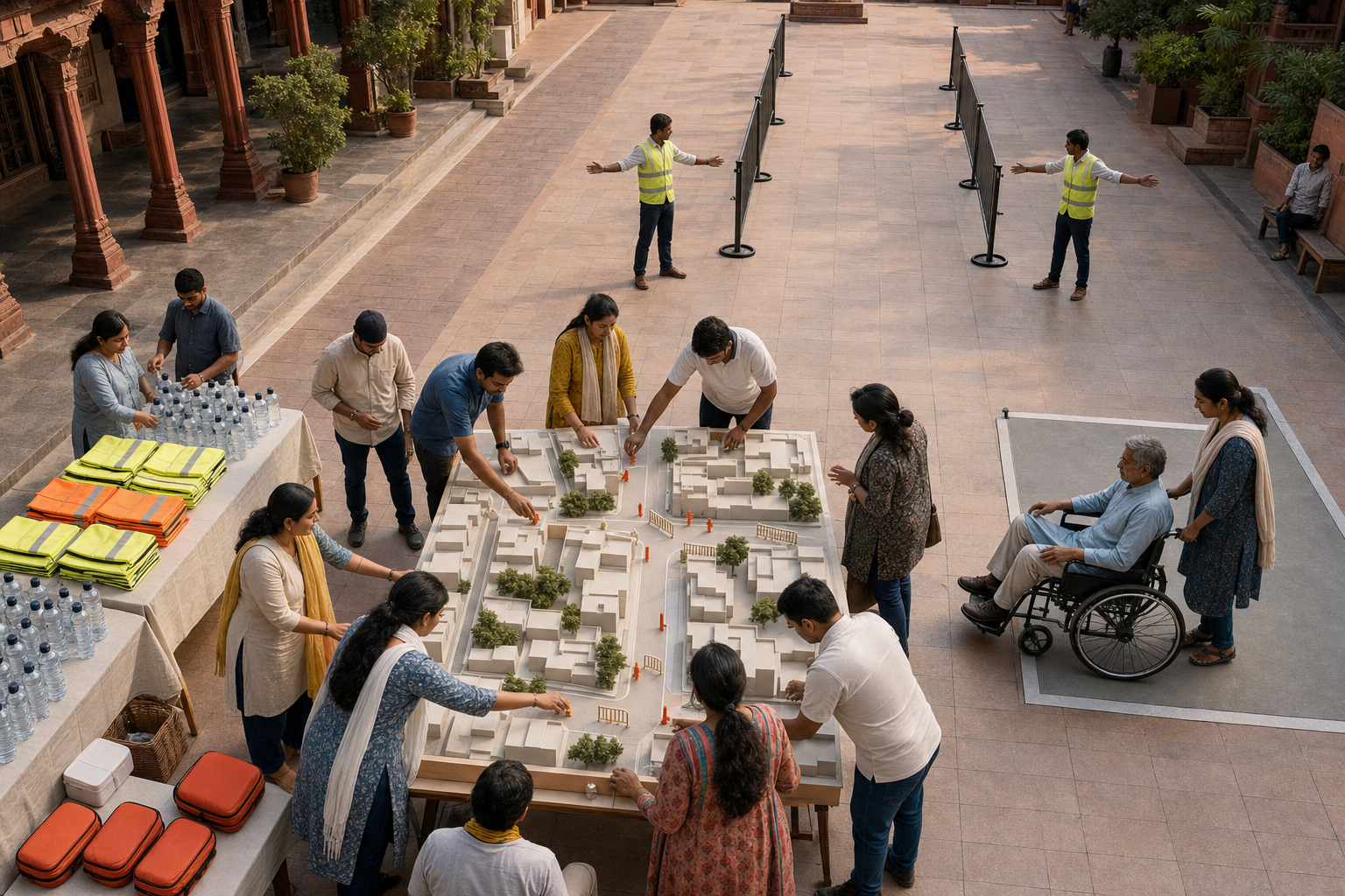 Volunteers plan a demonstration route around a street model while preparing water, first-aid supplies, safety vests, and wheelchair access.