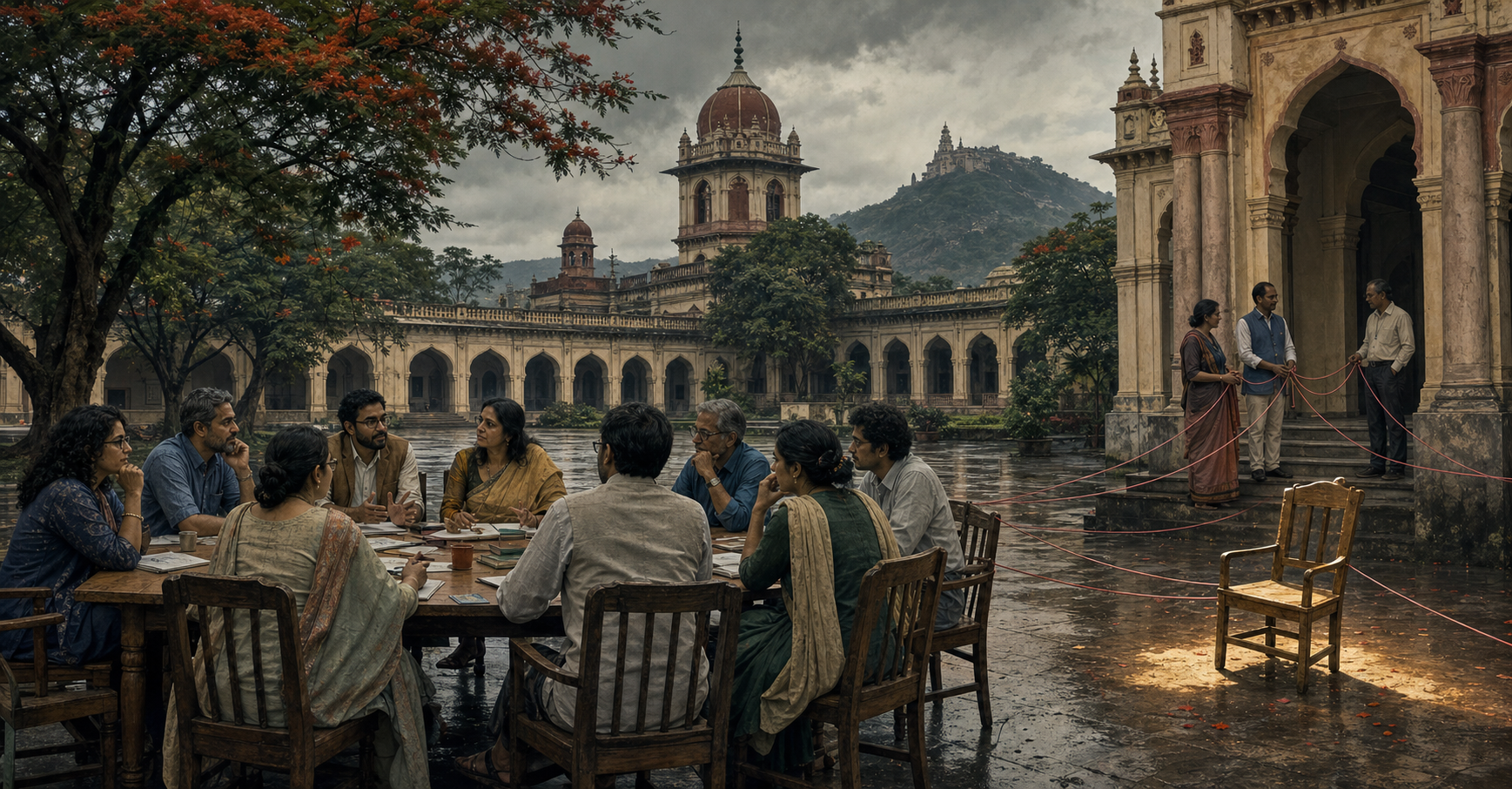Scholars gather around a table in a Mysore-style university courtyard while an empty chair sits outside a boundary of interlocked cords.