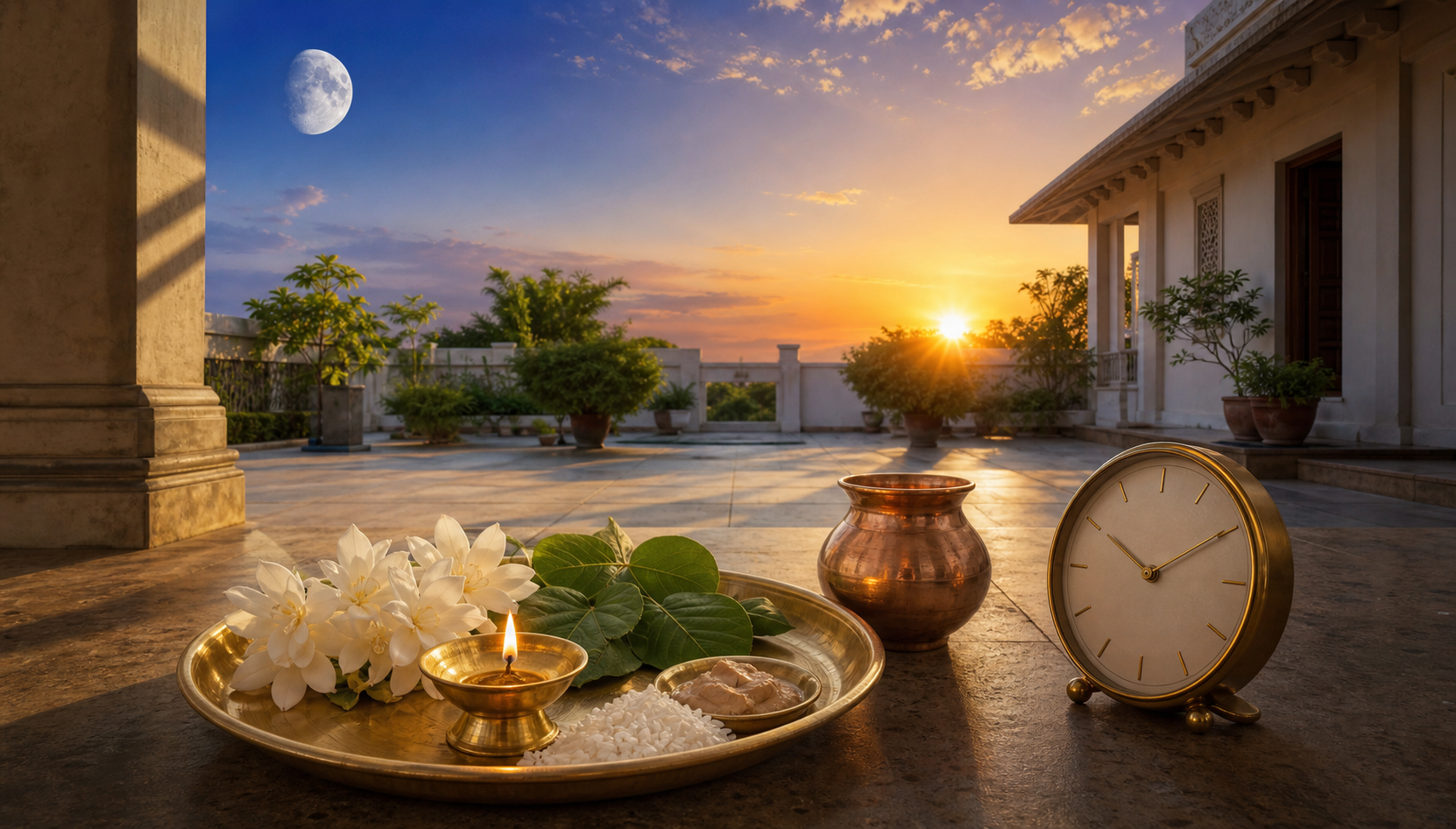 A dawn-lit Indian courtyard with a brass puja tray, oil lamp, copper vessel, flowers, bilva leaves, and a numeral-free timepiece beneath a waning moon.
