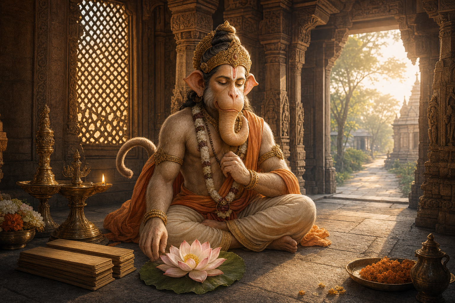 Adhyantha Prabhu is shown between a glowing lamp and lotus on one side and an open temple path on the other.