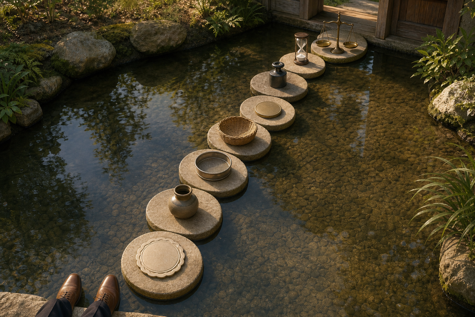 Eight stone discs form a path across shallow water, each holding an object for regulation, screening, portfolio, cost, risk, time horizon or final balance.
