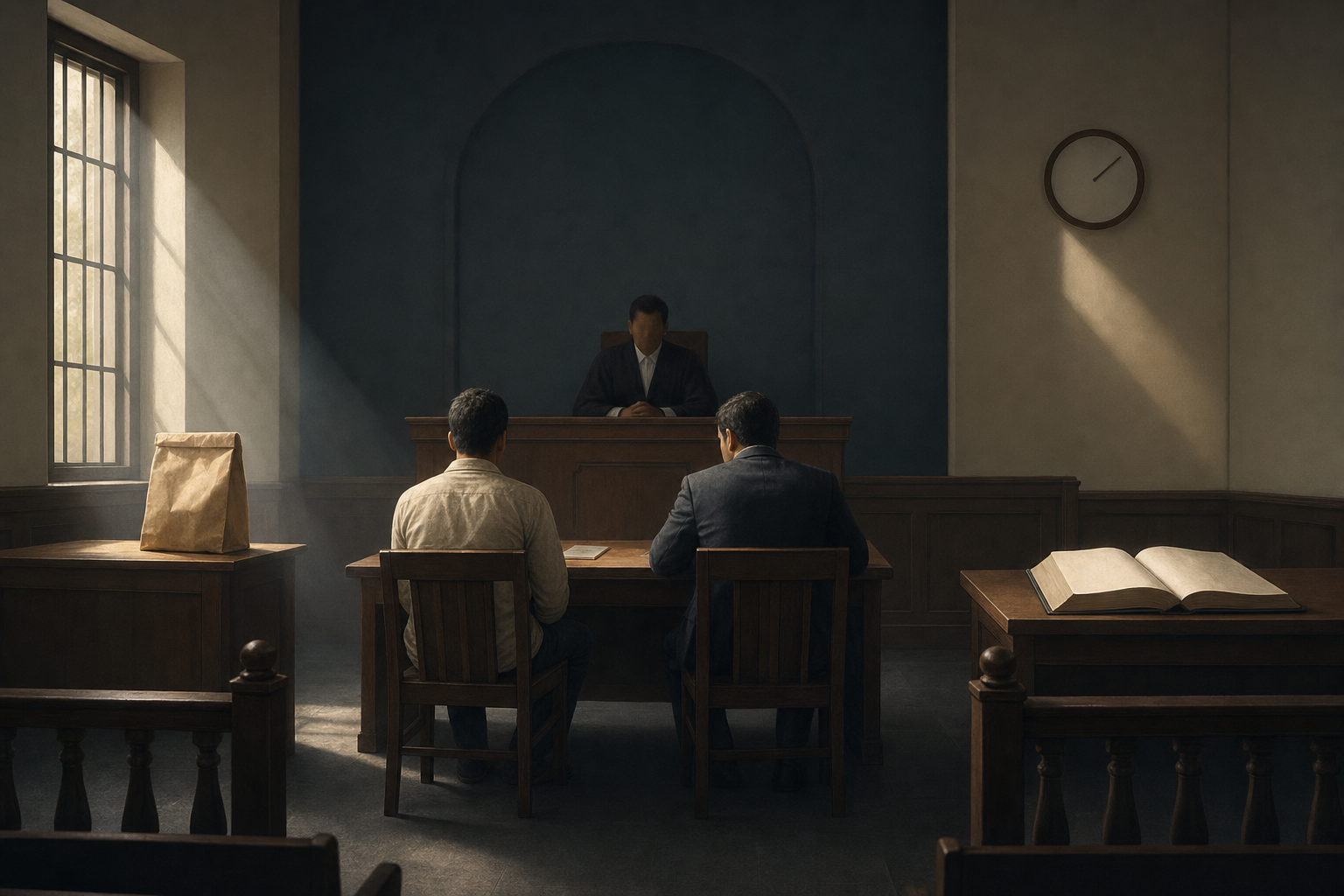 A courtroom scene shows an evidence bag, an anonymous detained person with counsel before a magistrate, and a clock beside an open case file.