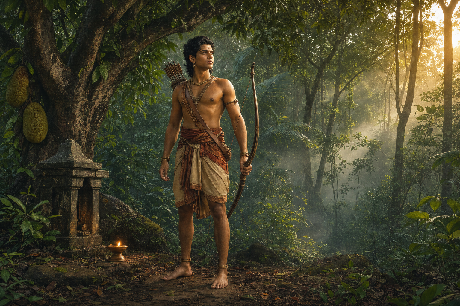 A youthful bow-carrying hunter-guardian stands beside a small lamp-lit stone shrine in a misty Kerala forest.