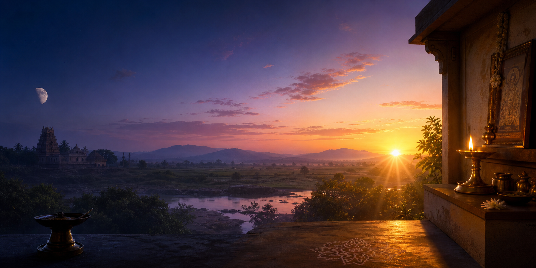 A predawn landscape changing into sunrise, with a waning moon setting near a temple and morning light reaching a household altar.