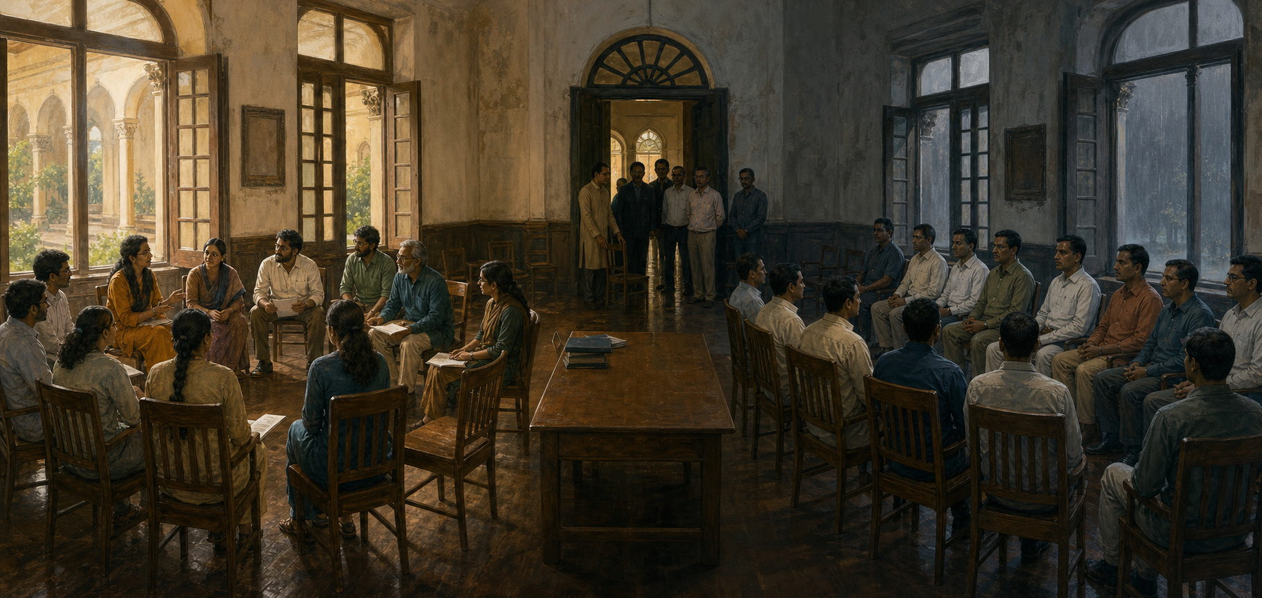 A Mysore university seminar hall changes from an open discussion circle into two separated groups facing one another.