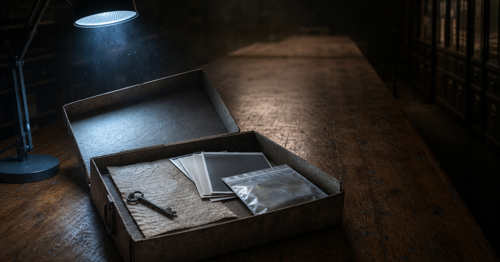 An old archival evidence box containing a map fragment, key, evidence pouch, and photographic sleeves is examined under a modern lamp.