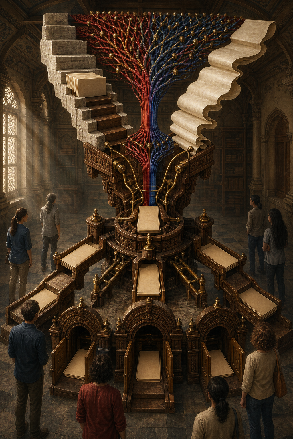 Stone steps, colored threads and blank paper forms converge in a wooden sorting mechanism inside an academic archive.