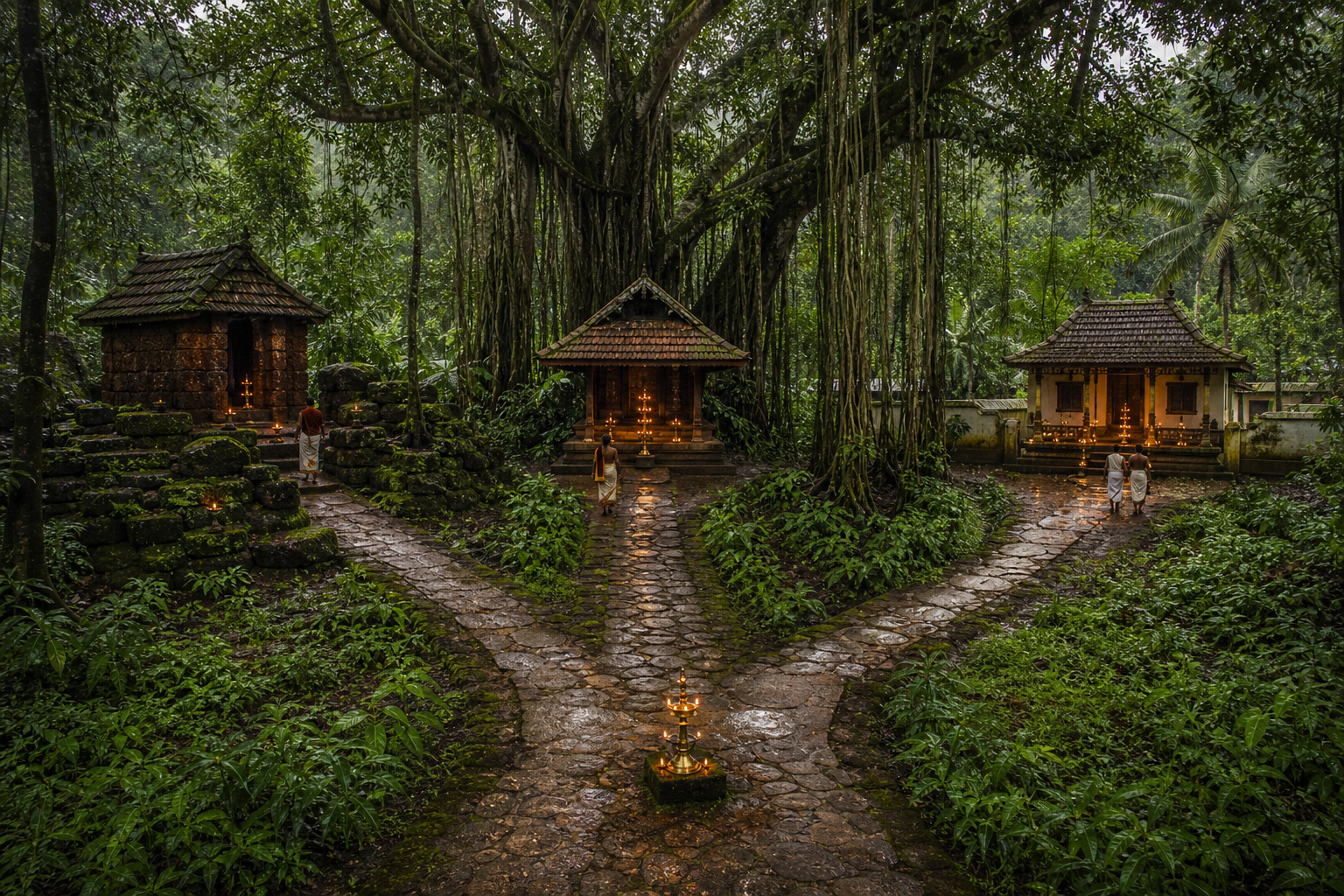 A forest path divides toward three differently designed lamp-lit shrines in a lush Kerala sacred landscape.