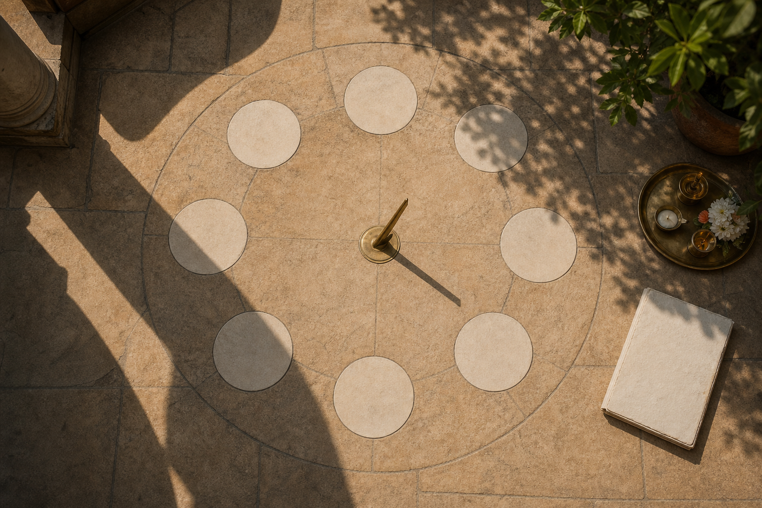 An overhead view of a sunlit stone courtyard where a brass gnomon and surrounding markers cast shadows beside a small puja tray.