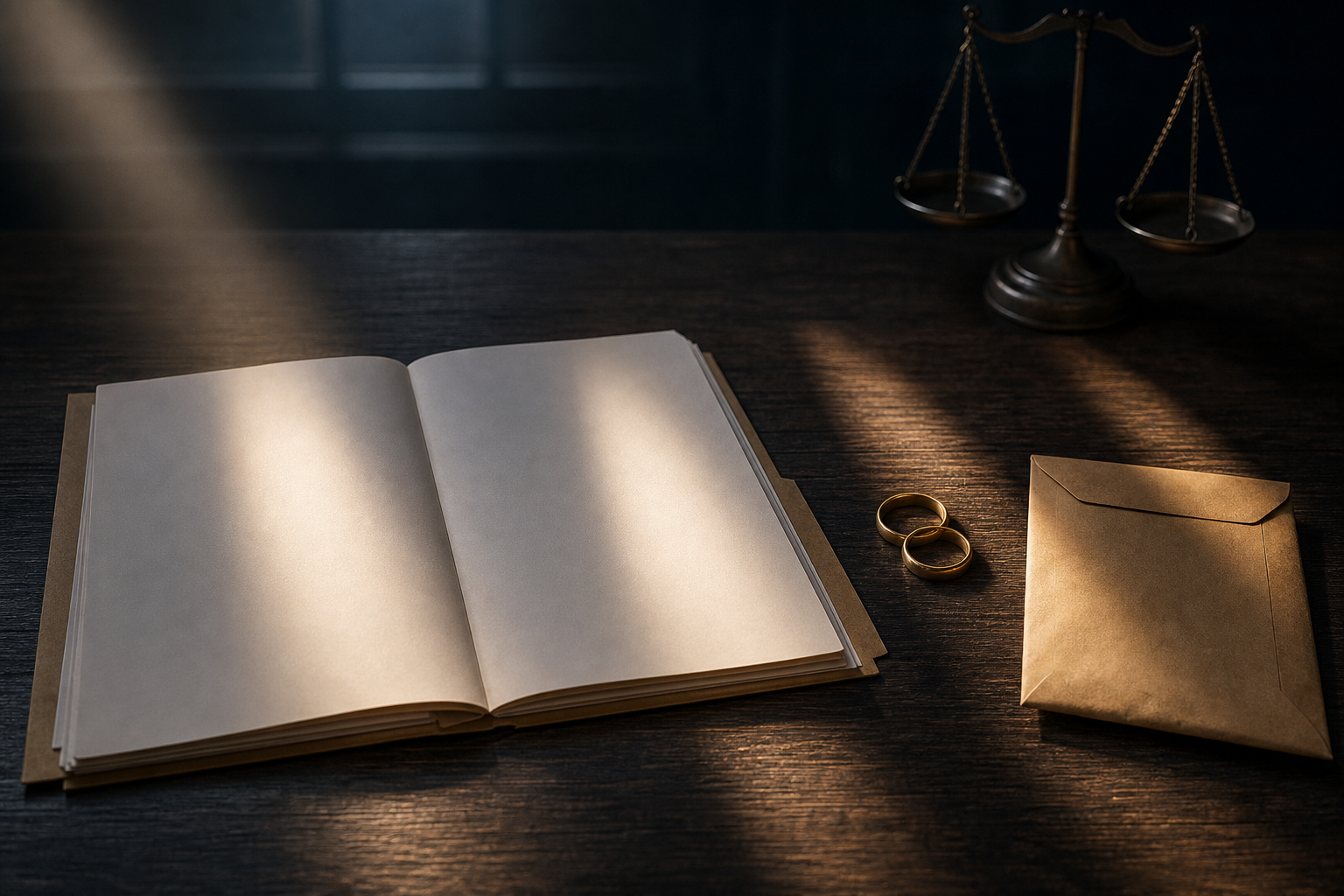 An open blank case file beside separated wedding rings, a sealed medical envelope, and courthouse scales on a dark desk.