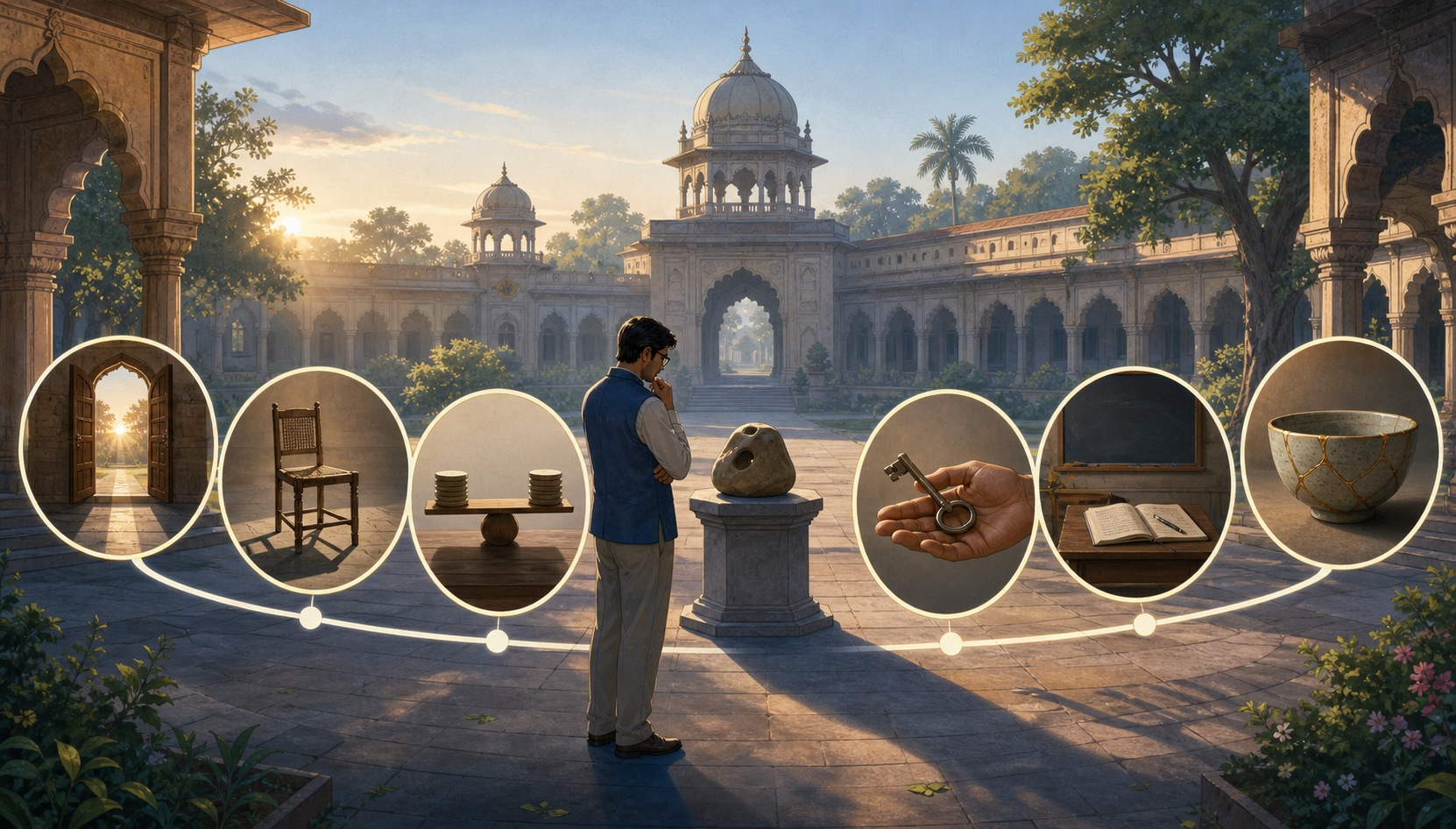 A researcher examines a campus dispute through six viewing frames containing symbolic objects such as a doorway, chair, key and repaired bowl.