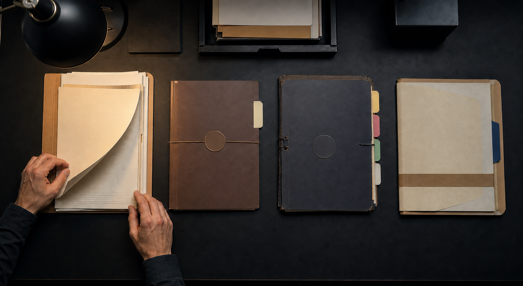 Hands review several groups of unreadable legal papers arranged in sequence across a dark desk while the remaining files stay closed.