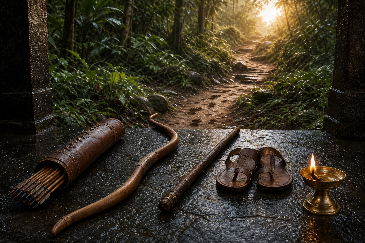 A bow, quiver, staff, sandals, and burning brass lamp rest neatly beside a forest trail at dawn.