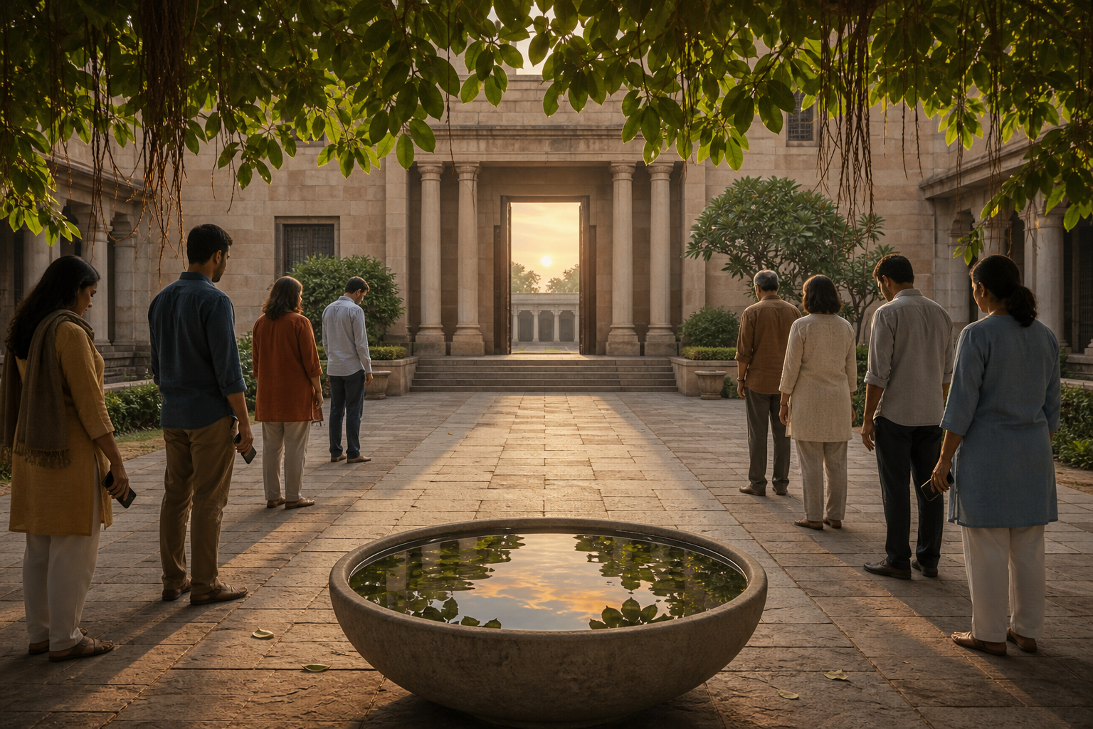 Two groups of anonymous people stand calmly on opposite sides of a courthouse courtyard beside a still reflecting pool and an open central path.
