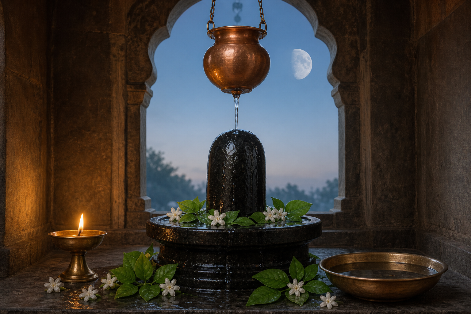 A Shiva linga in a stone shrine with flowing water, bilva leaves, jasmine flowers, and an oil lamp beneath a waning morning moon.